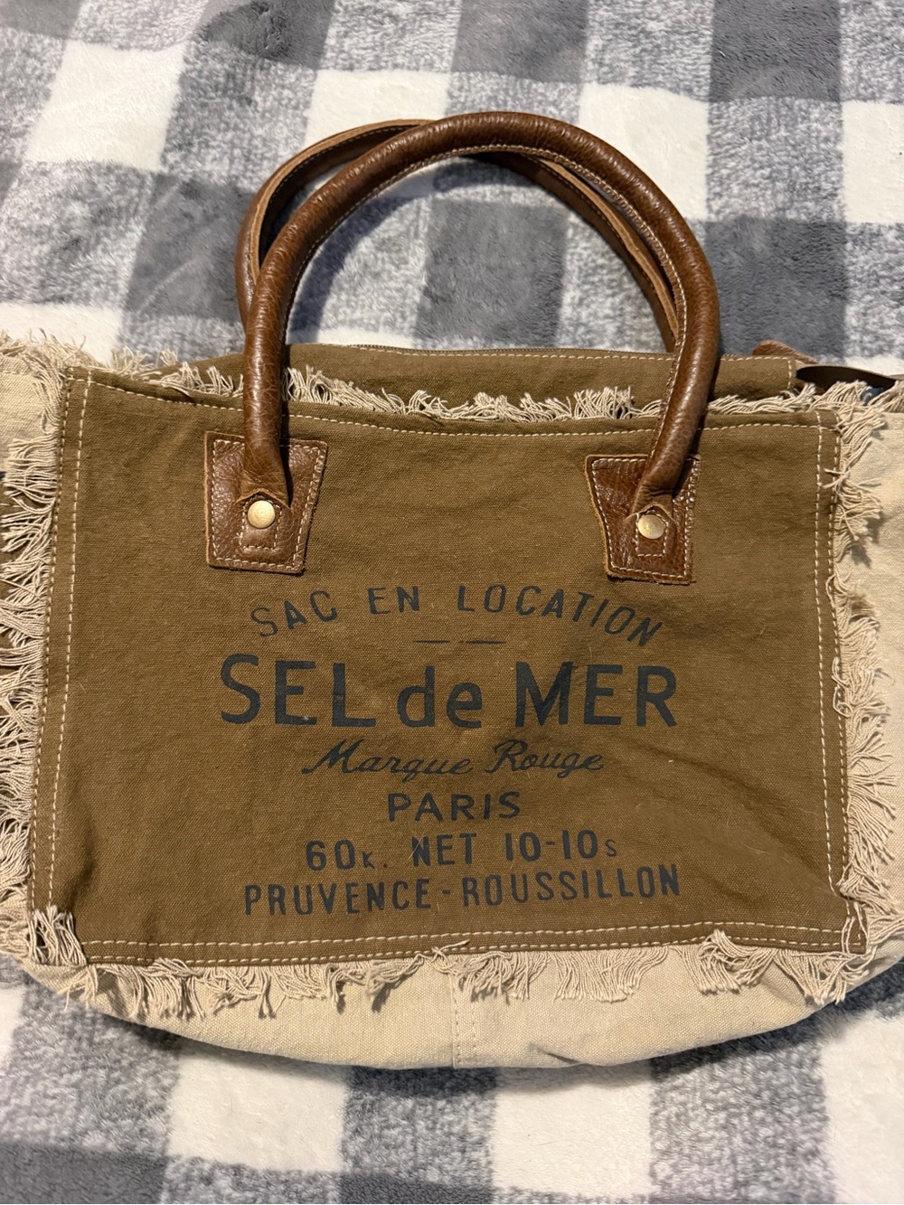 Canvas Tote Bag with Leather Handles - Brown